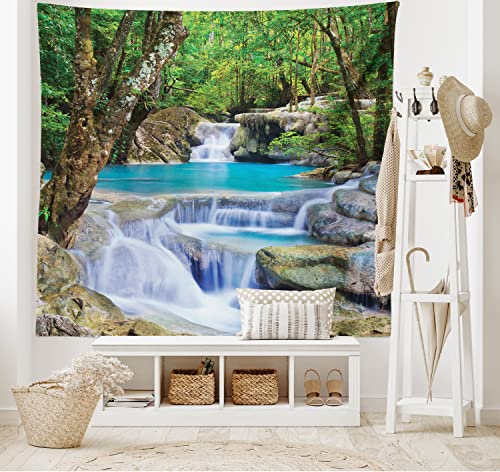 ABAKUHAUS Natur Wandteppich, Felsen in See mit Wasserfall aus Weiches Mikrofaser Stoff Waschbar ohne Verblassen Digitaldruck, 150 x 110 cm, Braun Grün von ABAKUHAUS