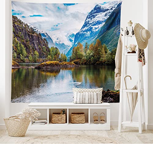 ABAKUHAUS Natur Wandteppich, Snowy-Norwegen-Berge, Wohnzimmer Schlafzimmer Heim Seidiges Satin Wandteppich, 200 x 150 cm, Blau Braun von ABAKUHAUS