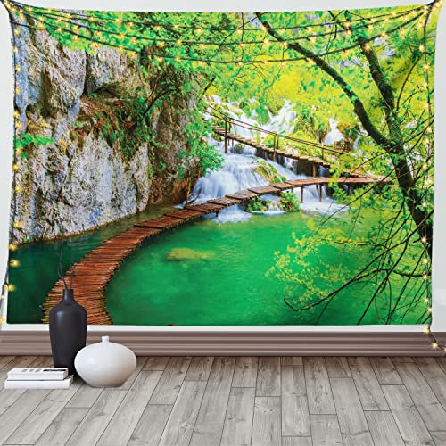 ABAKUHAUS Natur Wandteppich und Tagesdecke, Cascade Bäume im Grünen aus Weiches Mikrofaser Stoff Waschbar ohne Verblassen Digitaldruck, 230 x 140 cm, Grün Grau von ABAKUHAUS