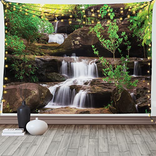 ABAKUHAUS Natur Wandteppich und Tagesdecke, Rock Treppe in Wasserfall aus Weiches Mikrofaser Stoff Waschbar ohne Verblassen Digitaldruck, 230 x 140 cm, Braun Grün von ABAKUHAUS