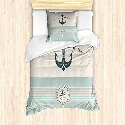 ABAKUHAUS Nautisch Bettbezug Set für Einzelbetten, Altmodisch Maritim Anker, Milbensicher Allergiker geeignet mit Kissenbezug, Seafoam Black Beige von ABAKUHAUS