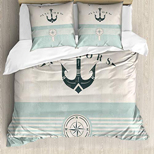 ABAKUHAUS Nautisch Bettbezugs Set Für Doppelbetten, Altmodisch Maritim Anker, Milbensicher Allergiker geeignet mit Kissenbezügen, Seafoam Black Beige von ABAKUHAUS