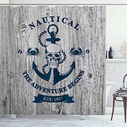 ABAKUHAUS Nautisch Duschvorhang, Anker Schädel Meer Seil, Stoffliches Gewebe Badezimmerdekorationsset mit Haken, 175 x 180 cm, Beige Marineblau von ABAKUHAUS