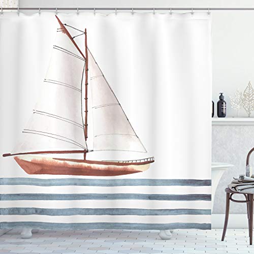 ABAKUHAUS Nautisch Duschvorhang, Thema Segeln Boot Wellen, Moderner Digitaldruck mit 12 Haken auf Stoff Wasser und Bakterie Resistent, 175 x 220 cm, Zimt Blassblau von ABAKUHAUS