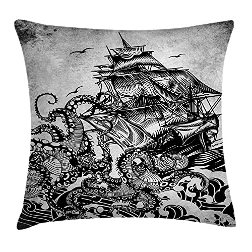 ABAKUHAUS Nautisch Kissenbezug, Monochrome Kraken und Schiff, Dekorativer Kopfkissenhülle mit Beidseitiger Druck, 45 x 45 cm, Charcoal Grey Pale Taupe von ABAKUHAUS