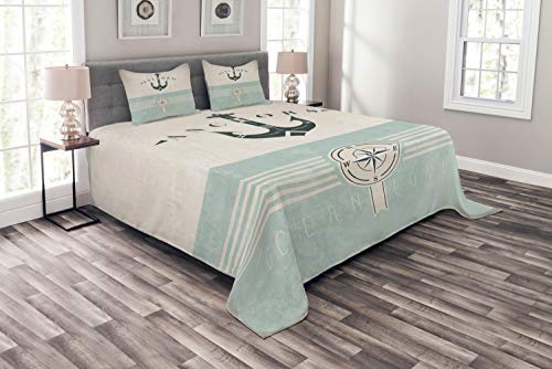 ABAKUHAUS Nautisch Tagesdecke Set, Altmodisch Maritim Anker, Set mit Kissenbezügen Waschbar, für Doppelbetten 264 x 220 cm, Seafoam Beige von ABAKUHAUS