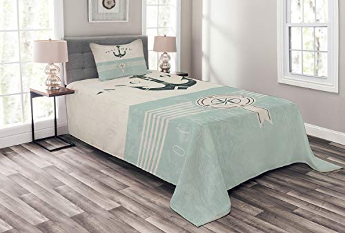 ABAKUHAUS Nautisch Tagesdecke Set, Altmodisch Maritim Anker, Set mit Kissenbezügen Waschbar, für Einzelbetten 170 x 220 cm, Seafoam Beige von ABAKUHAUS