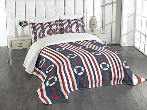 ABAKUHAUS Nautisch Tagesdecke Set, Stripes Maritime Icons, Set mit Kissenbezug Klare Farben, für Einzelbetten 170 x 220 cm, Indigo Red White von ABAKUHAUS