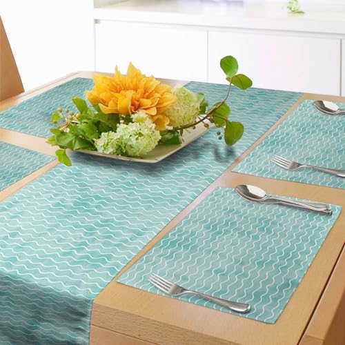 ABAKUHAUS Nautisch Tischläufer & 4 Stück Tischsets, Töne Meeres Wellen Muster Mit leichten Farb Flecken Abstrakter Hintergrund Druck, Tischdeko-Set, 180 x 40 cm, Türkis Weiß ABAKUHAUS Nautisch Tischläufer & 4 Stück Tischsets, Töne Meeres Wellen Muster Mit leichten Farb Flecken Abstrakter Hintergrund Druck, Tischdeko-Set, 180 x 40 cm, Türkis Weiß von ABAKUHAUS