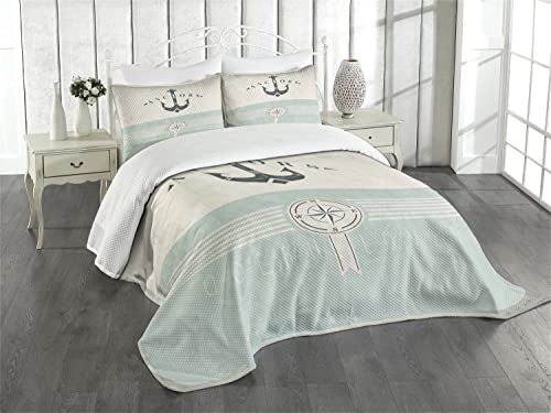 ABAKUHAUS Nautisch Tagesdecke Set, Altmodisch Maritim Anker, Set mit Kissenbezügen Waschbar, für Doppelbetten 220 x 220 cm, Seafoam Beige von ABAKUHAUS