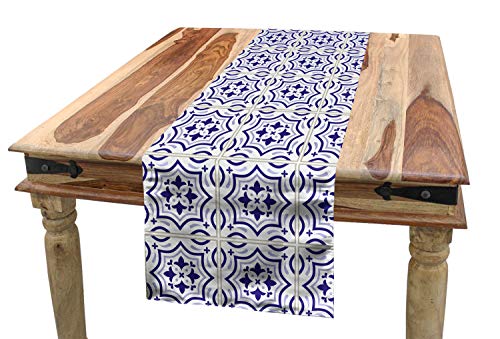 ABAKUHAUS Azulejo Tischläufer, Portugiesisch Bodenfliese, Esszimmer Küche Rechteckiger Dekorativer Tischläufer, 40 x 180 cm, Violettblau Blau grau Grau weiß von ABAKUHAUS
