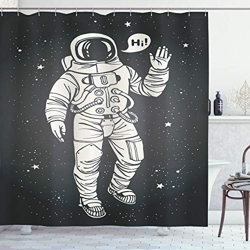 ABAKUHAUS Nebel Duschvorhang, Cartoon Astronaut Weltraum, Stoffliches Gewebe Badezimmerdekorationsset mit Haken, 175 x 220 cm, Anthrazit grau Sand von ABAKUHAUS