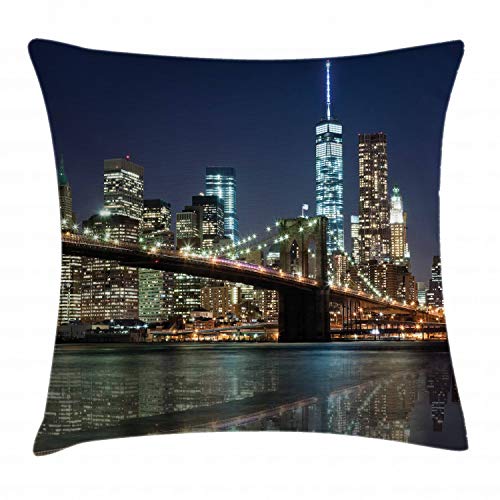 ABAKUHAUS New York Kissenbezug, Brooklyn Brücke, Wasser und Schmutz resistent Stoff Digital Druck Für den Innen oder Außen Bereich, 40 x 40 cm, Blau Schwarz von ABAKUHAUS