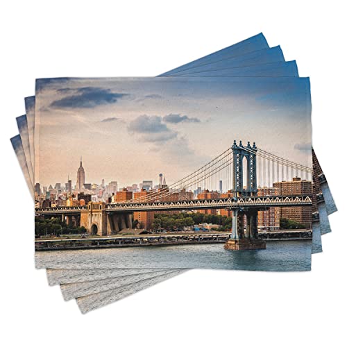 ABAKUHAUS New York Platzmatten, Manhattan-Brücke in New York City, Waschbare Stoff Esszimmer Küche Tischdekorations Digitaldruck, Grau Blau von ABAKUHAUS
