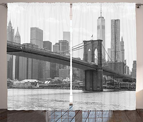 ABAKUHAUS New York Rustikaler Vorhang, Brooklyn Bridge USA, Wohnzimmer Universalband Gardinen mit Schlaufen und Haken, 280 x 225 cm, Weiß Grau von ABAKUHAUS
