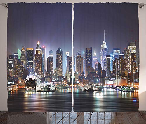 ABAKUHAUS New York Rustikaler Vorhang, Manhattan-Skyline nachts, Wohnzimmer Universalband Gardinen mit Schlaufen und Haken, 280 x 245 cm, Orange Blau von ABAKUHAUS