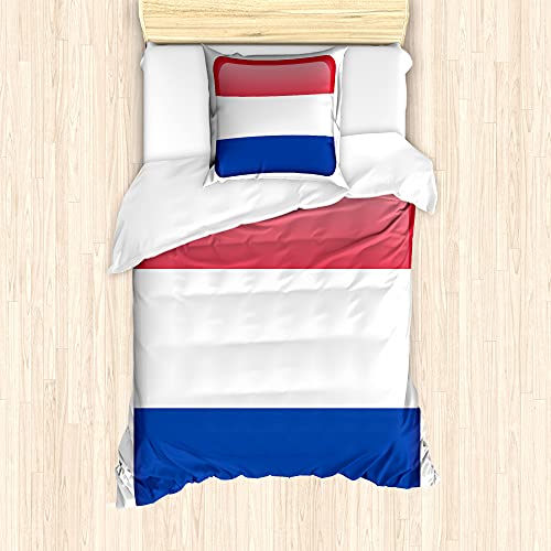 ABAKUHAUS Niederländisch Bettbezug Set für Einzelbetten, Holland Flagge als quadratische Form, Milbensicher Allergiker geeignet mit Kissenbezug, 135 cm x 200 cm - 80 x 80 cm, Dark Pink-Kobalt-Blau von ABAKUHAUS