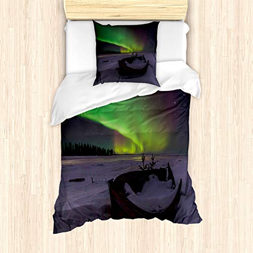 ABAKUHAUS Nordlicht Bettbezug Set für Einzelbetten, Boot und Galaxy, Milbensicher Allergiker geeignet mit Kissenbezug, Blasser Lila Shamrock Grün Beige Dunkel Violett ABAKUHAUS Nordlicht Bettbezug Set für Einzelbetten, Boot und Galaxy, Milbensicher Allergiker geeignet mit Kissenbezug, Blasser Lila Shamrock Grün Beige Dunkel Violett von ABAKUHAUS