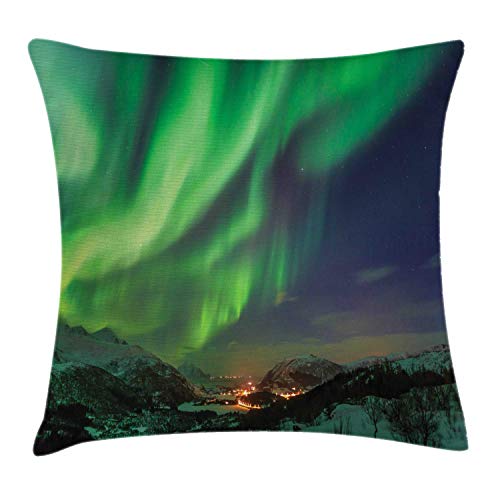 ABAKUHAUS Norwegen Kissenbezug, Aurora Borealis Grün-Töne, Dekorativer Kopfkissenhülle mit Beidseitiger Druck, 40 x 40 cm, Lime Green and Dark Lavender von ABAKUHAUS