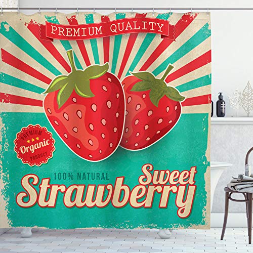 ABAKUHAUS Obst Duschvorhang, Retro Poster Erdbeeren, Stoffliches Gewebe Badezimmerdekorationsset mit Haken, 175 x 180 cm, Türkis Dunkle Koralle von ABAKUHAUS