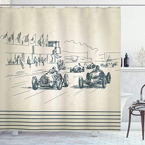 ABAKUHAUS Oldtimer Duschvorhang, Racing Cars Sketchy, Stoffliches Gewebe Badezimmerdekorationsset mit Haken, 175 x 180 cm, Beige Forest Green von ABAKUHAUS