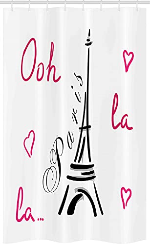 ABAKUHAUS Ooh La La Schmaler Duschvorhang, Eiffelturm mit Herzen, Badezimmer Deko Set aus Stoff mit Haken, 120 x 180 cm, Magenta Koksgraue von ABAKUHAUS