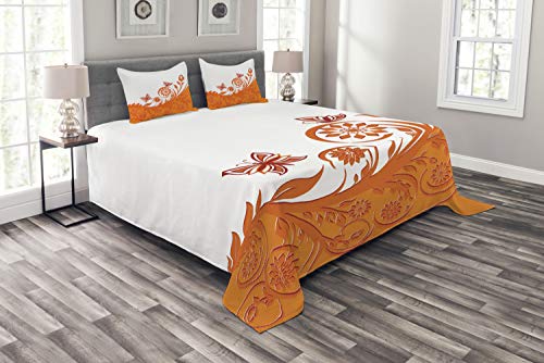 ABAKUHAUS Orange Tagesdecke Set, Künstlerische Rose AST, Set mit Kissenbezügen Moderne Designs, für Doppelbetten 220 x 220 cm, Orange White von ABAKUHAUS