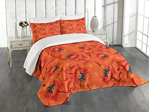 ABAKUHAUS Orange Tagesdecke Set, Mohnblumen-Blumen Romantik, Set mit Kissenbezügen Feste Farben, für Doppelbetten 264 x 220 cm, Verbrannt orange gelb schwarz von ABAKUHAUS