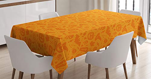 ABAKUHAUS Orange Tischdecke, Halloween-Kürbis-Schädel, Druck mit Klaren Farben ohne Verblassen Waschbar für innen oder Außen Bereich, 140 x 200 cm, Orange von ABAKUHAUS