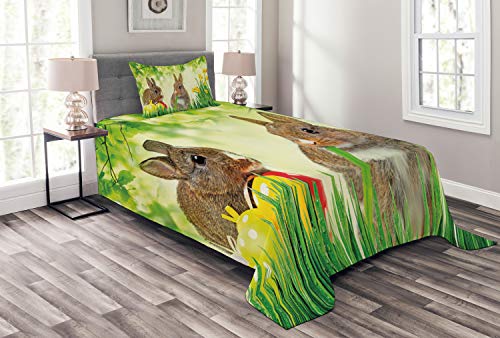ABAKUHAUS Osterhase Tagesdecke Set, Ostern Kaninchen, Set mit Kissenbezügen Ohne verblassen, für Einzelbetten 170 x 220 cm, Multicolor Farn-Grün von ABAKUHAUS