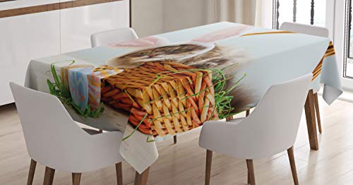 ABAKUHAUS Osterhase Tischdecke, Katze als Oster-Kaninchen, Schmutzabweisend Pflegeleicht Waschbar Druck Mit Klaren Farben ohne Verblassen, 140 x 240 cm, Beige Rosa von ABAKUHAUS