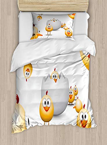 ABAKUHAUS Ostern Bettbezug Set für Einzelbetten, Küken-lustige Karikatur, Milbensicher Allergiker geeignet mit Kissenbezug, 130 x 200 cm - 70 x 50 cm, Orange Gelb Weiß von ABAKUHAUS