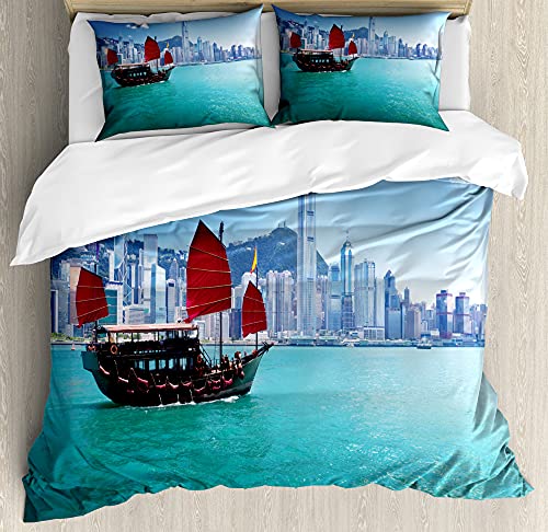ABAKUHAUS Ozean Bettbezug Set für Einzelbetten, Hong Kong Harbor Boat, Milbensicher Allergiker geeignet mit Kissenbezug, 130 x 200 cm - 70 x 50 cm, Blau Aqua Red von ABAKUHAUS