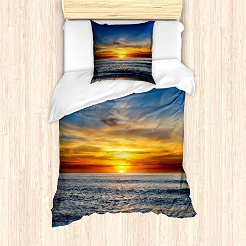 ABAKUHAUS Ozean Bettbezug Set für Einzelbetten, Pazifischer Kalifornien-Sonnenuntergang, Milbensicher Allergiker geeignet mit Kissenbezug, Orange Blau von ABAKUHAUS