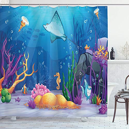 ABAKUHAUS Ozean Duschvorhang, Marine Life Fisch Moss, Stoffliches Gewebe Badezimmerdekorationsset mit Haken, 175 x 200 cm, Mehrfarbig von ABAKUHAUS