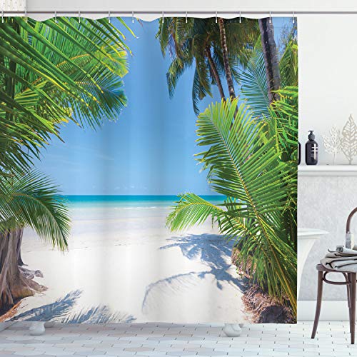 ABAKUHAUS Ozean Duschvorhang, Palm Leaf Tropical Beach, Stoffliches Gewebe Badezimmerdekorationsset mit Haken, 175 x 220 cm, Green Sky Blau Weiß von ABAKUHAUS
