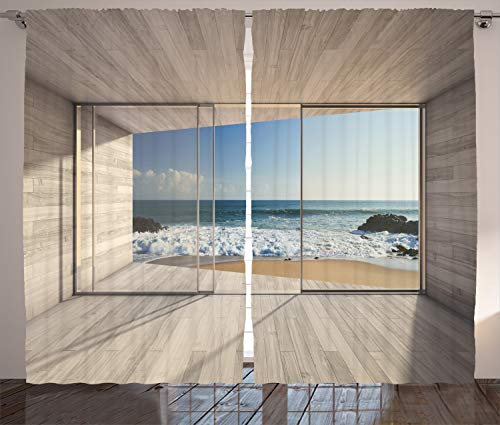 ABAKUHAUS Ozean Rustikaler Vorhang, Mit Blick auf Meer Wellen Rock, Wohnzimmer Universalband Gardinen mit Schlaufen und Haken, 280 x 245 cm, Beige Weiß von ABAKUHAUS