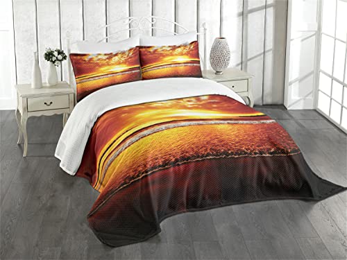 ABAKUHAUS Ozean Tagesdecke Set, Bunter Sonnenuntergang Sommer, Set mit Kissenbezügen Sommerdecke, für Einzelbetten 170 x 220 cm, Gelb Braun von ABAKUHAUS