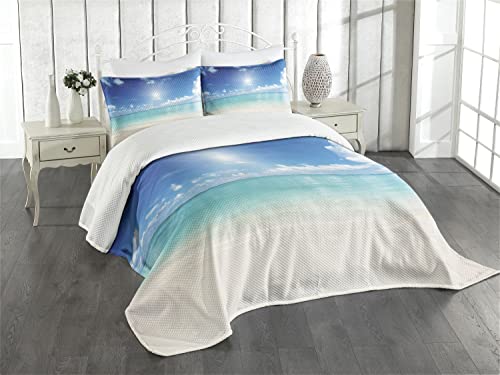 ABAKUHAUS Ozean Tagesdecke Set, Himmel und tropisches Meer, Set mit Kissenbezügen Kein verblassen, für Doppelbetten 220 x 220 cm, Türkis Weiß Creme von ABAKUHAUS