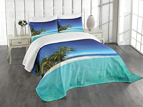 ABAKUHAUS Ozean Tagesdecke Set, Seaside Nature Tropic, Set mit Kissenbezügen luftdurchlässig, für Doppelbetten 264 x 220 cm, Königsblau Türkis Grün von ABAKUHAUS