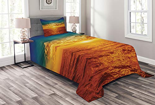 ABAKUHAUS Ozean Tagesdecke Set, Sonnenuntergang am Meer Wolken, Set mit Kissenbezug Weicher Stoff, für Einzelbetten 170 x 220 cm, Türkis Orange von ABAKUHAUS