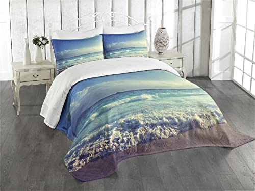 ABAKUHAUS Ozean Tagesdecke Set, Strand-Sonnenuntergang-Wellen, Set mit Kissenbezug Ohne verblassen, für Einzelbetten 170 x 220 cm, Creme Türkis von ABAKUHAUS