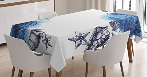 ABAKUHAUS Ozean Tischdecke, Sealife Sea Shells Sand, Schmutzabweisend Pflegeleicht Waschbar Druck Mit Klaren Farben ohne Verblassen, 140 x 200 cm, Marineblau und Weiß von ABAKUHAUS