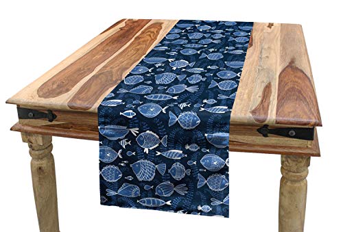 ABAKUHAUS Ozean Tischläufer, Tropische Fisch-Moos-Blätter, Esszimmer Küche Rechteckiger Dekorativer Tischläufer, 40 x 180 cm, Königsblau Indigo Blau von ABAKUHAUS