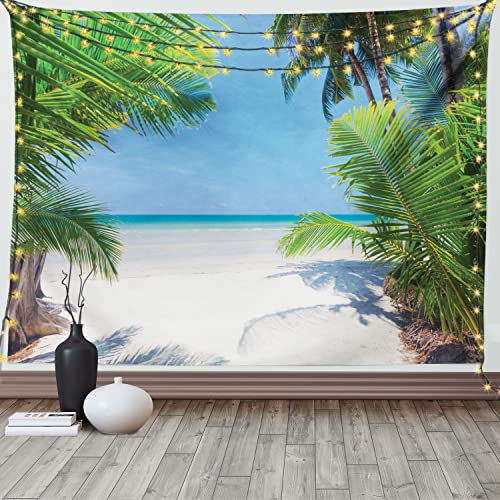 ABAKUHAUS Ozean Wandteppich und Tagesdecke, Palm Leaf Tropical Beach aus Weiches Mikrofaser Stoff Waschbar ohne Verblassen Digitaldruck, 230 x 140 cm, Weiß und Blau von ABAKUHAUS