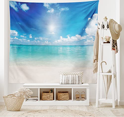 ABAKUHAUS Ozean Wandteppich und Tagesdecke, Sky and Tropical Sea, aus Weiches Mikrofaser Stoff Wand Dekoration Für Schlafzimmer, 230 x 140 cm, Creme Türkis Weiß von ABAKUHAUS