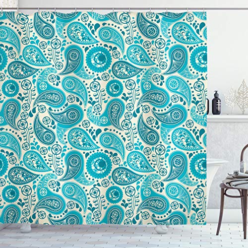 ABAKUHAUS Paisley Duschvorhang, Paisley Blue Flowers, Stoffliches Gewebe Badezimmerdekorationsset mit Haken, 175 x 200 cm, Aqua Teal von ABAKUHAUS