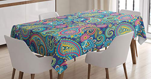 ABAKUHAUS Paisley Tischdecke, Bohem Bunte, Druck mit Klaren Farben ohne Verblassen Waschbar für innen oder Außen Bereich, 140 x 170 cm, Türkis Rosa von ABAKUHAUS