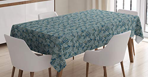 ABAKUHAUS Paisley Tischdecke, Persian Curved Tip Motiv, Personalisierter Druck mit Klaren Farben Waschbar Wasserfest kein Verblassen, 140 x 200 cm, Dunkelblau Beige von ABAKUHAUS