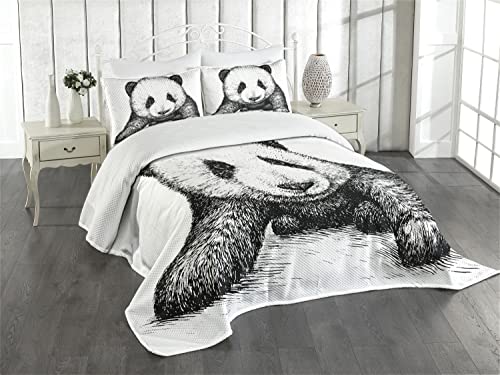 ABAKUHAUS Panda Tagesdecke Set, Babypandabär Sketch, Set mit Kissenbezug farbfester Digitaldruck, für Einzelbetten 170 x 220 cm, Weiß und Schwarz von ABAKUHAUS